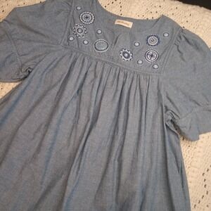 Vtg Bechamel Blue Embroidered Cotton House‎ Dress MuMu Patio Oversized Geometric